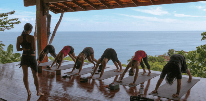 A group of people is performing yoga on a wooden platform with a scenic ocean view in the background. The yoga instructor is guiding the class, and there are yoga mats and a bottle on the platform.